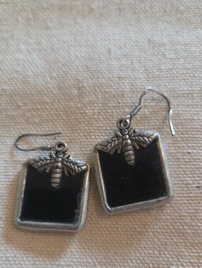 Silver Bee Charm Drop Earrings with Black Square Inset